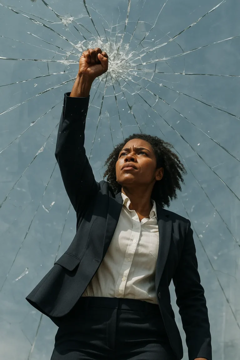 Woman with raised fist breakthrough
